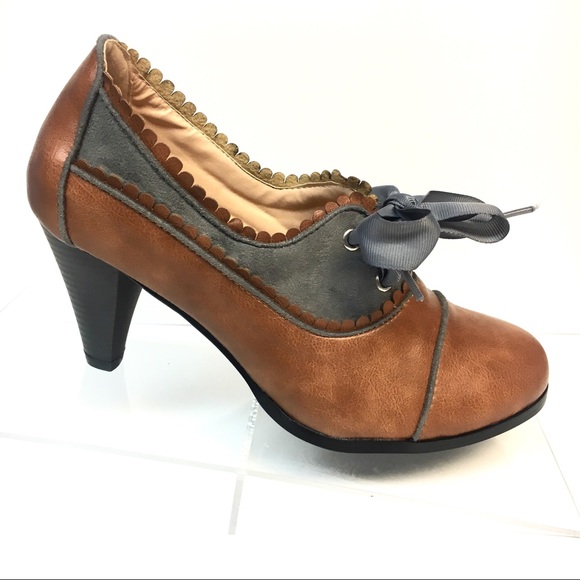 Pointe Boutique Shoes - Oxford Pumps in cognac and grey w/ Ribbon Tie
